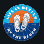 Life is better at the beach sandals ocean sunset dart board<br><div class="desc">Life is better at the beach sandals ocean sunset Dart Board. Cool wall decor for beach home, house party, office, college dorm, wedding, garden, bar, cafe, mancave etc. Fun Birthday gift idea for friends, family, sailor, skipper, boat captain, fisher, boat owner etc. Personalized professional dartboards with seaside design. Fun indoor...</div>