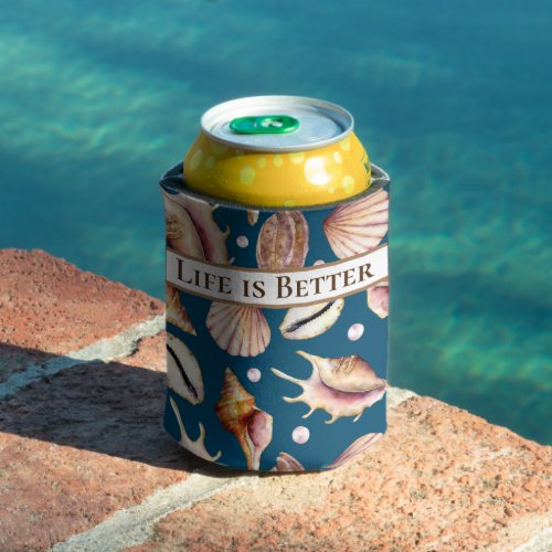 Life is Better at the Beach  Sea Shells  Blue Can Cooler