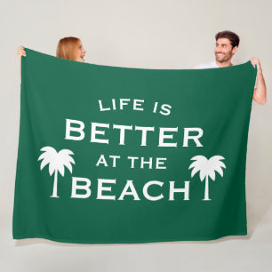 Life is better at the beach trendy green palm tree fleece blanket