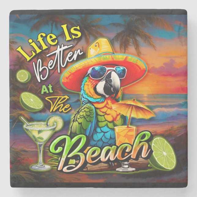 Life Is Better At The Beach Tropical Parrot Stone Coaster (Front)