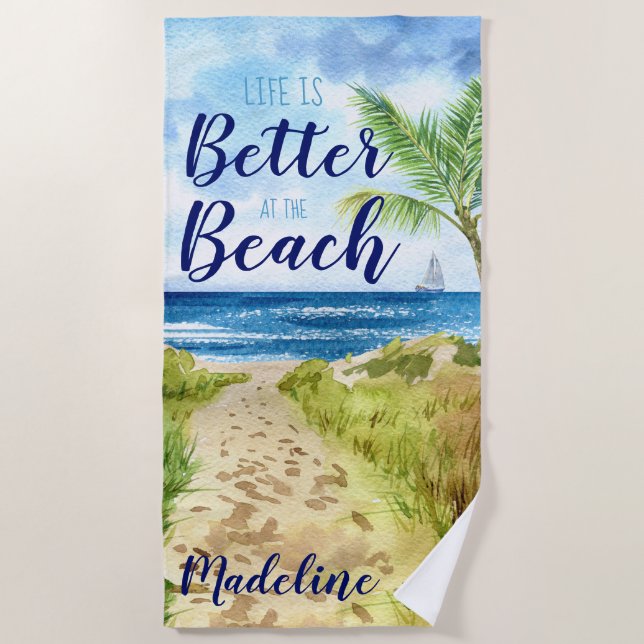 Life is Better at the Beach Watercolor Monogram Towel (Front)