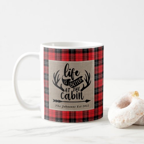 Life is Better at the Cabin Buffalo Plaid Burlap Coffee Mug