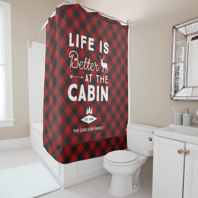 Life is Better at the Cabin Family Buffalo Plaid Shower Curtain (In Situ)