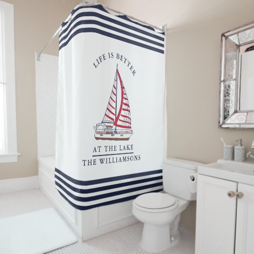 Life is Better at the Lake Coastal White Blue Red Shower Curtain