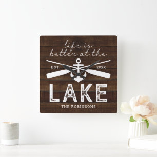 Life is Better at the Lake Family Name Square Wall Clock