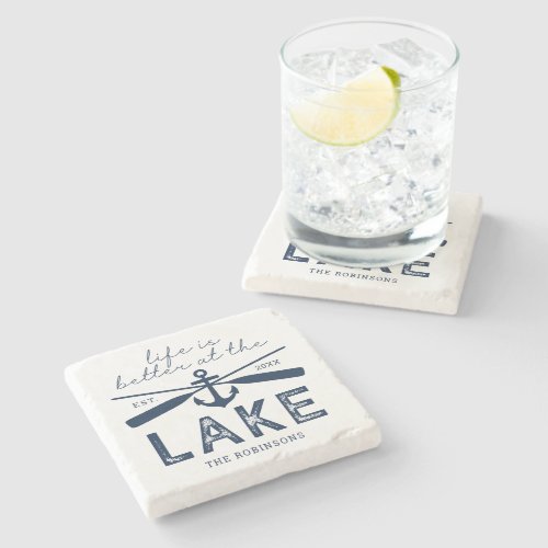 Life is Better at the Lake Family Name Stone Coaster