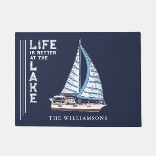 Life is Better at the Lake Nautical Boat Navy Blue Doormat