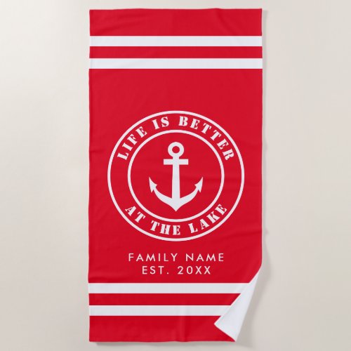 Life is better at the lake nautical custom red beach towel