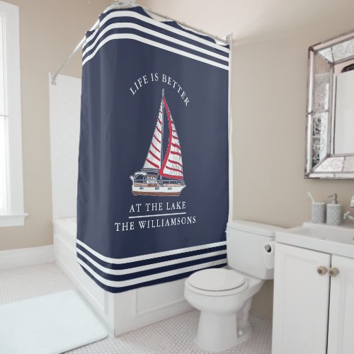 Life is Better at the Lake Nautical Red Navy Blue Shower Curtain