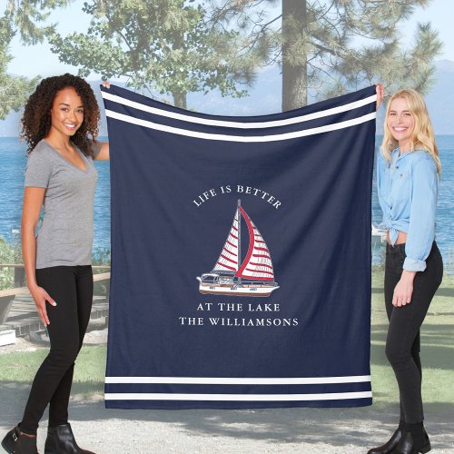 Life is Better at the Lake Navy Blue Red Nautical Fleece Blanket