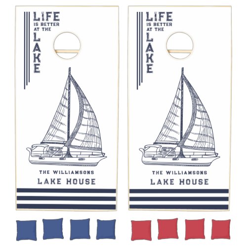 Life is Better at the Lake Navy Blue White Coastal Cornhole Set