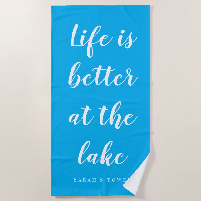 Life is better at the lake personalized blue beach towel (Front)