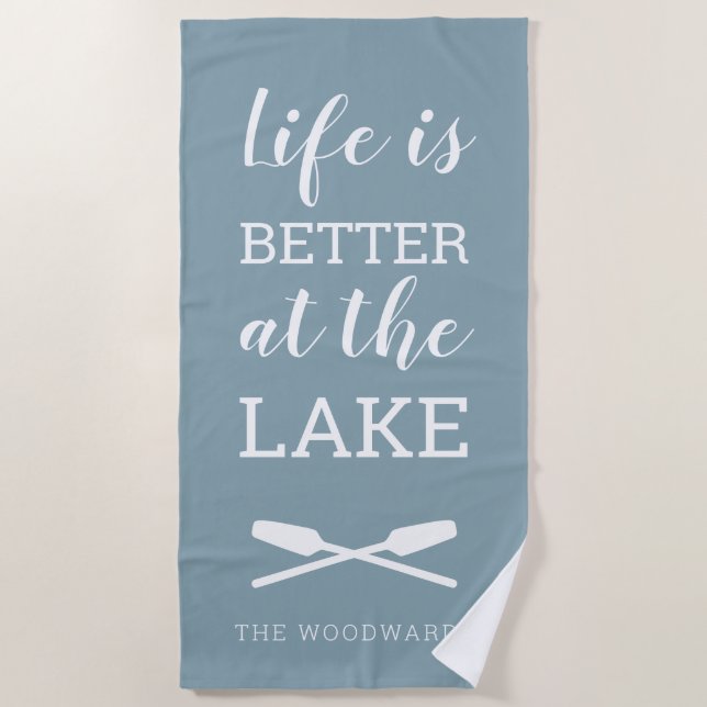 Life Is Better at the Lake Typography Blue Gray Beach Towel (Front)