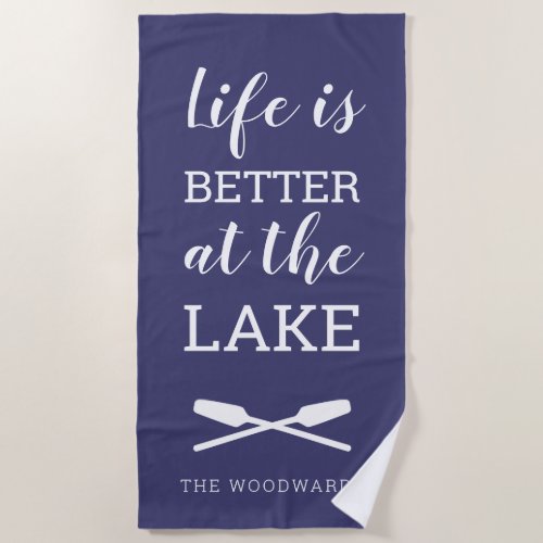 Life Is Better at the Lake Typography Navy Blue Beach Towel