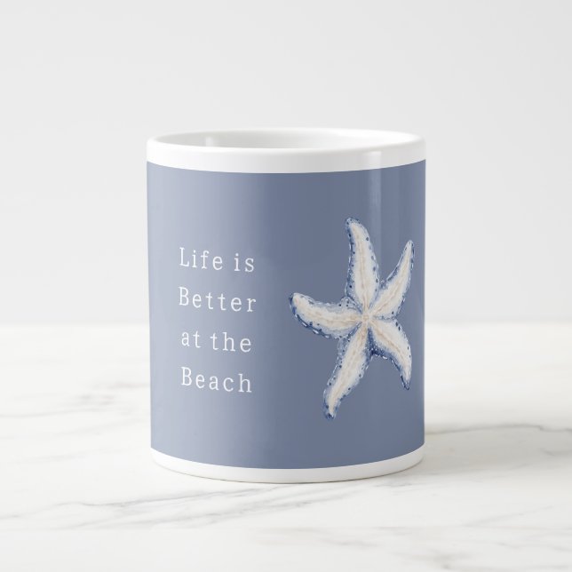 Life is Better Beach Blue White Starfish Giant Coffee Mug (Front)