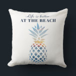 Life is Better Beach Pineapple Family Vacation Outdoor Pillow<br><div class="desc">A sunset beach and the horizon scene pineapple shape showing a calm ocean. Perfect for summer vacations, bachelorette parties and celebrations! TIP - Pair this with matching items like the water bottle, glasses, and can coolers in this collection. Add your name or name of guest by clicking the "Personalize" button...</div>