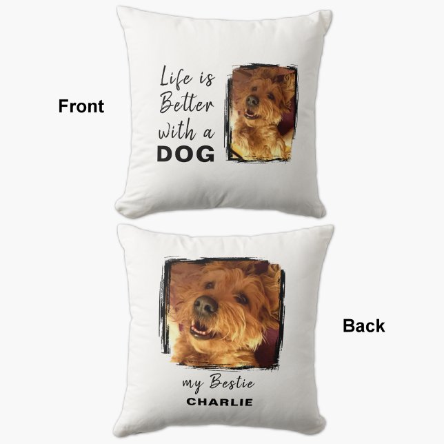 Life is better dog 2 photo name white black throw pillow (Creator Uploaded)