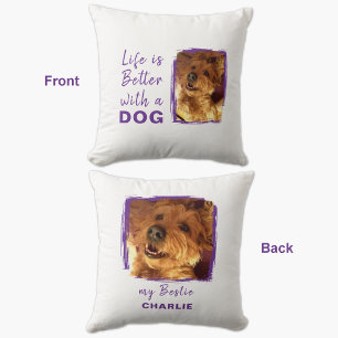 Life is better dog 2 photo name white purple throw pillow