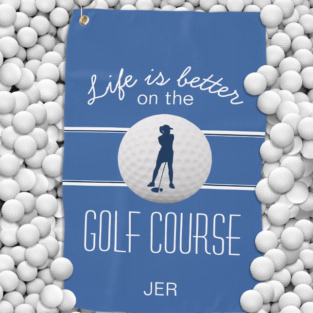 Life is Better Female Golfer Blue Monogrammed Golf Towel (Life is Better Female Golfer Blue Monogrammed Golf Towel)