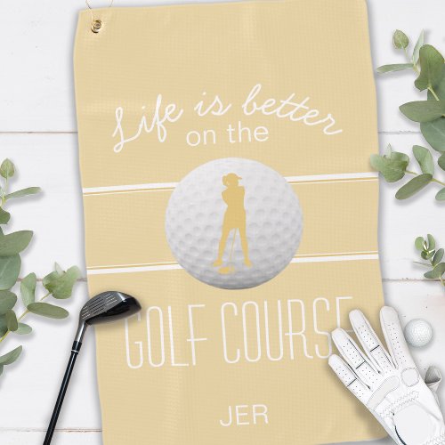 Life is Better Female Golfer Monogrammed Yellow Golf Towel