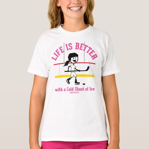 Life is Better Girl Hockey Player Cartoon Pink T_Shirt