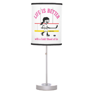 Life Is Better Girls Cartoon Hockey Player Pink Table Lamp