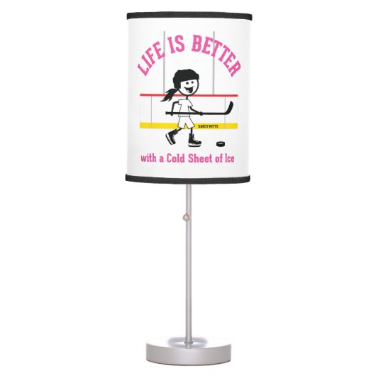 Life Is Better Girls Cartoon Hockey Player Pink Table Lamp (Front)