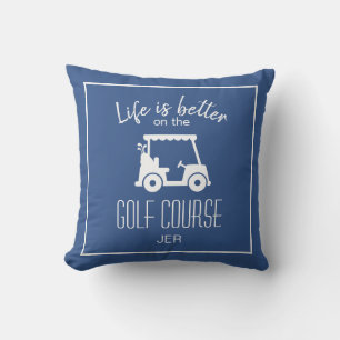 Life Is Better Golf Cart Blue Monogram Golf Throw Pillow