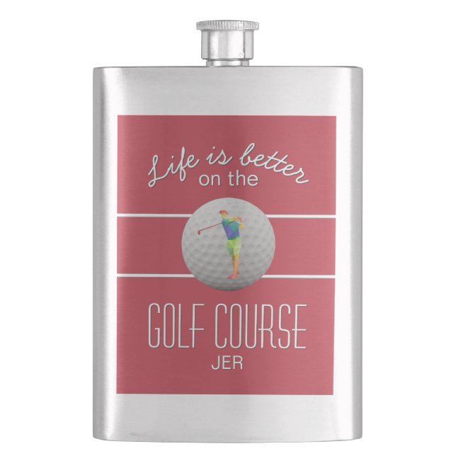 Life is Better Golf Polygonal Golfer Initials Red Flask (Front)