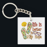 Life is Better in Flip Flops | Summer Vibes Keychain<br><div class="desc">A bright and cheerful design featuring the phrase "Life is Better in Flip Flops" with colorful flip flops and a stylish pair of sunglasses. This fun and beachy artwork perfectly captures the carefree, sun-soaked spirit of summer, making it ideal for beach lovers, vacation enthusiasts, and anyone who enjoys sandy toes...</div>