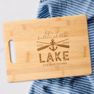 Life is Better Lake House Family Name Engraved Cutting Board