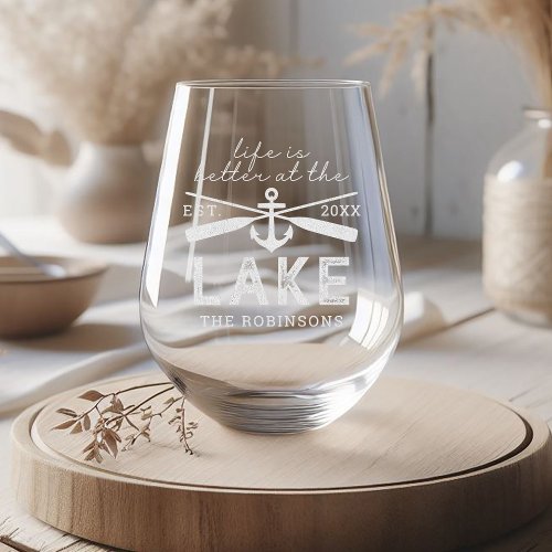 Life is Better Lake House Family Name Stemless Wine Glass