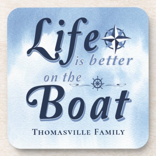 Life Is Better Nautical Blue Boat Monogram Beverage Coaster