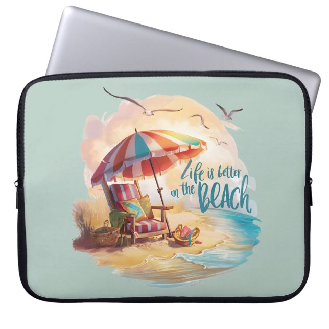 Life Is Better on the Beach Coastal Aesthetic Laptop Sleeve (Front)