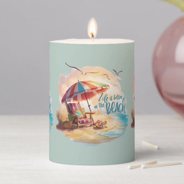 Life Is Better on the Beach Coastal Aesthetic Pillar Candle (In Situ)