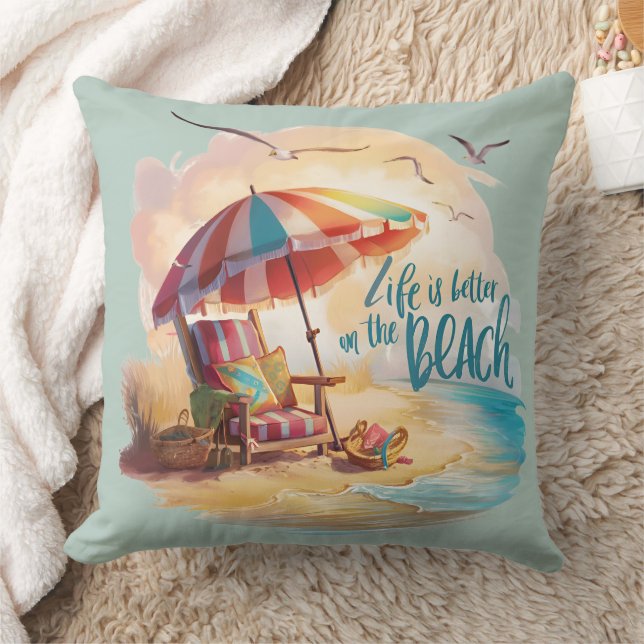 Life Is Better on the Beach Coastal Aesthetic Throw Pillow (Blanket)