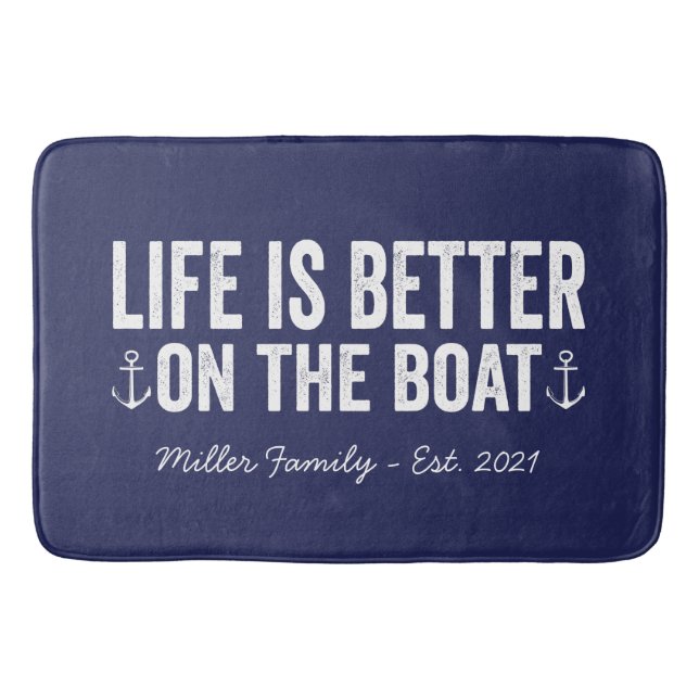 Life is Better On the Boat Family Name | Navy Bath Mat (Front)