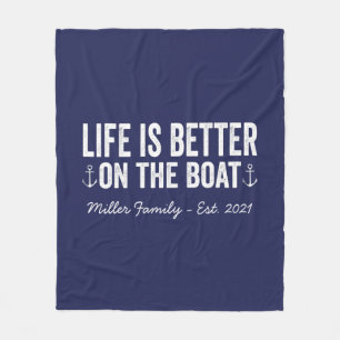 Life is Better On the Boat Family Name   Navy Flee Fleece Blanket