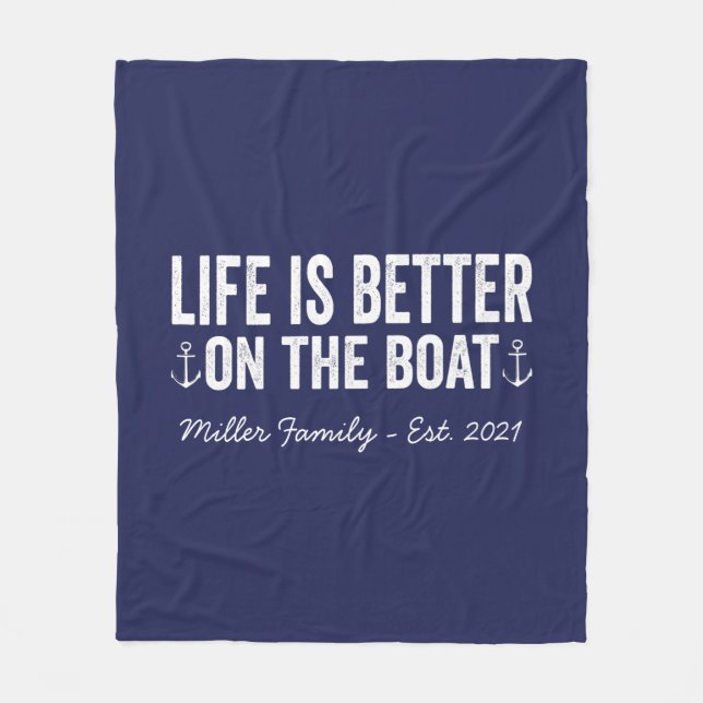 Life is Better On the Boat Family Name | Navy Flee Fleece Blanket (Front)