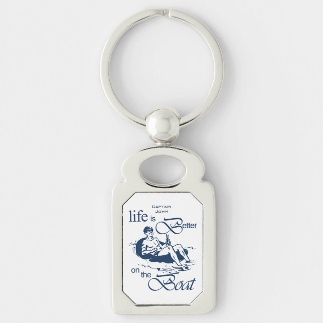 Life is Better on The Boat Funny Cartoon Add Name Keychain (Front)