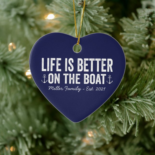 Life is Better On the Boat Name | Navy Ceramic Ornament (Tree)