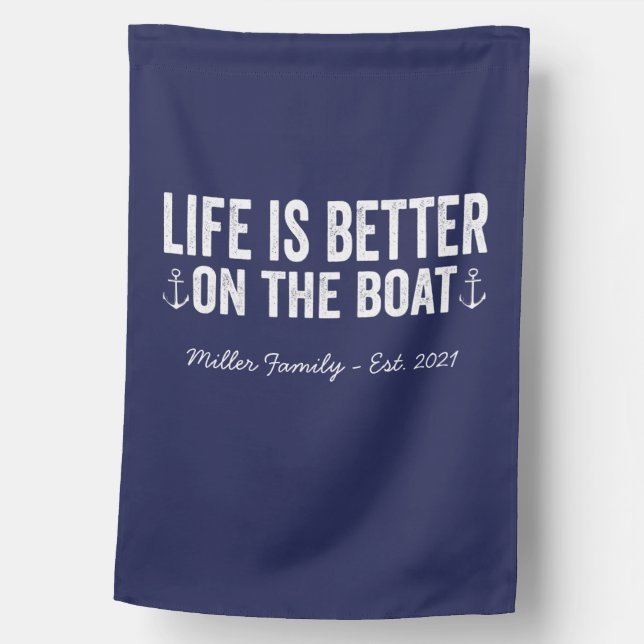 Life is Better On the Boat Name | Navy House Flag (Front)