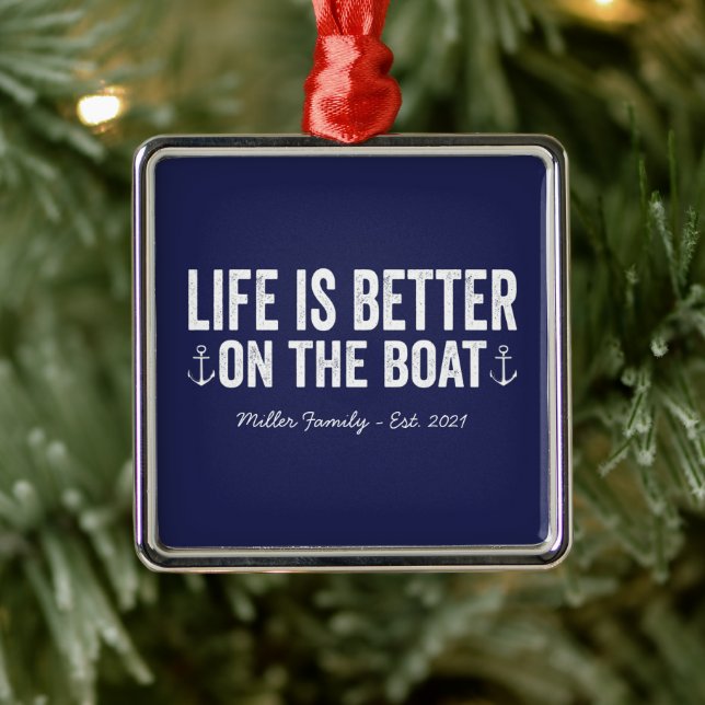 Life is Better On the Boat Name | Navy Metal Ornament (Tree)