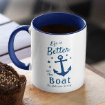 Life Is Better On The Boat Nautical Family Name Mug<br><div class="desc">A stylish nautical themed 2 tone coffee mug with brush script and regal typography reading "Life is Better on the Boat" along with your family name, boat name or other desired text. This design features a classic boat anchor and five stars. Colors are classic navy blue on white. Makes a...</div>