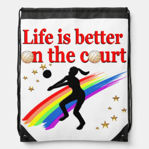 LIFE IS BETTER ON THE COURT VOLLEYBALL DESIGN DRAWSTRING BAG