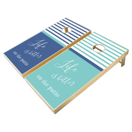 Life Is Better On The Patio Quote Blue White Green Cornhole Set