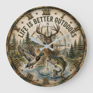 Life Is Better Outdoors Hunting Fishing Wildlife  Large Clock