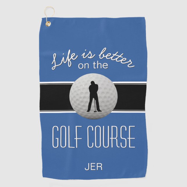 Life is Better Quote Golf Ball Monogram Blue Black Towel (Front)