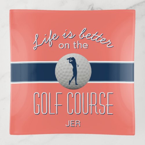 Life is Better Quote Golf Monogrammed Coral  Blue Trinket Tray