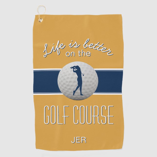 Life is Better Quote Golf Monogrammed Yellow Blue Golf Towel (Front)